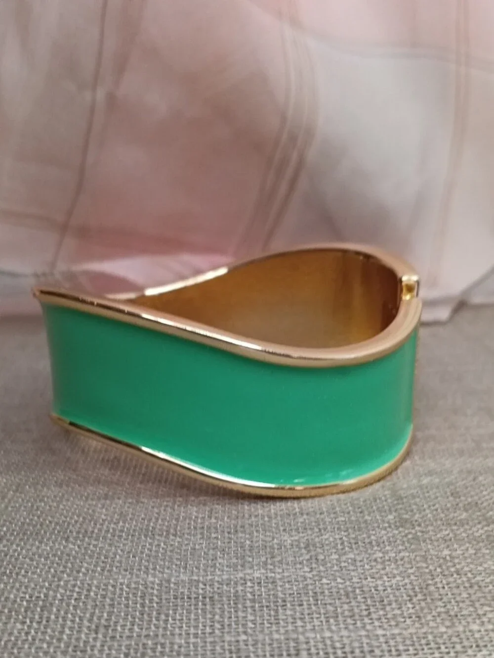 Asymmetrical Green Enamel Gold-Tone Wide Hinged Bangle Bracelet
